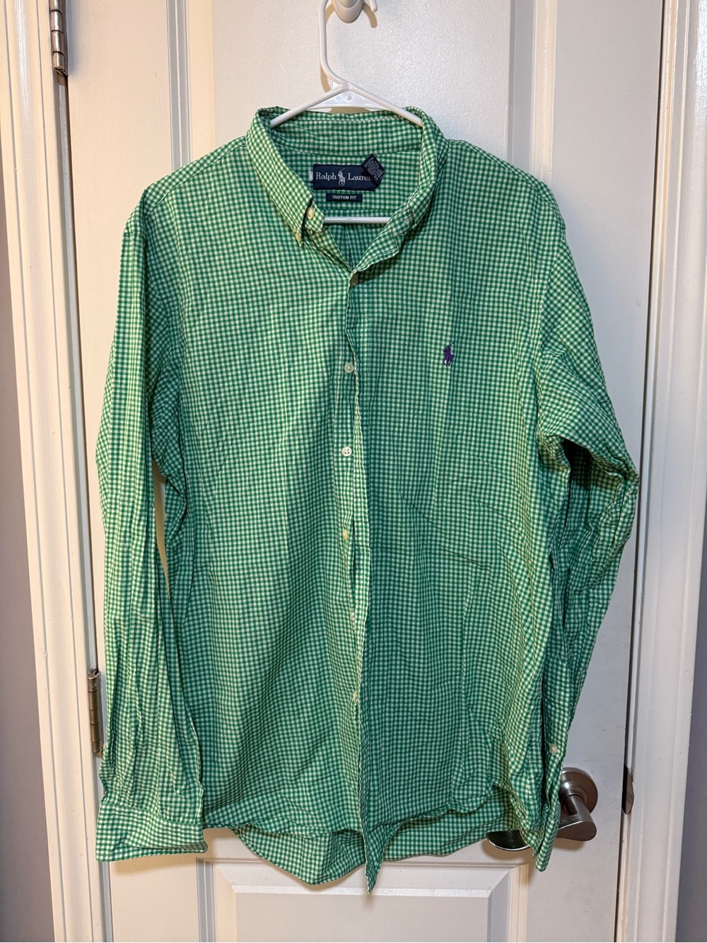 Ralph Lauren Green Gingham Button-Down Shirt with Purple Pony